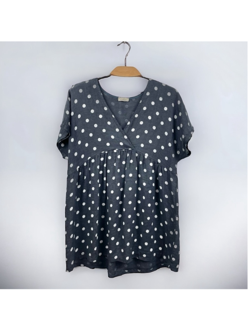 Logica 100% Linen Navy Polka Dot Babydoll Short Sleeve V Wrap Tunic Top US M